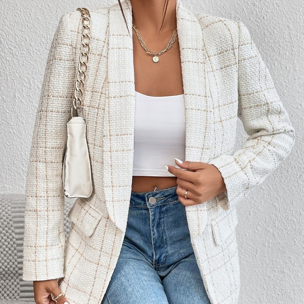 White Casual Womens Houndstooth Print Open Front Blazer - Picture 1 of 5